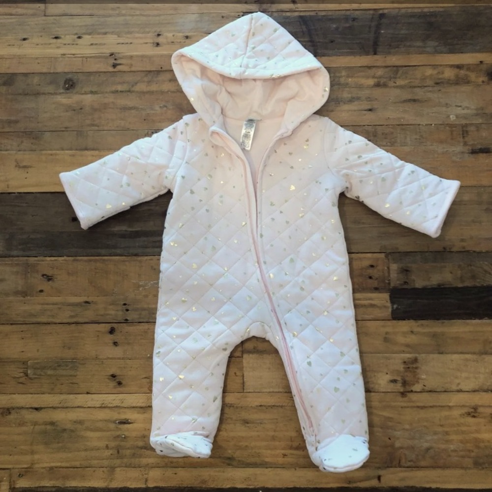 Baby snowsuit pink with gold hearts
